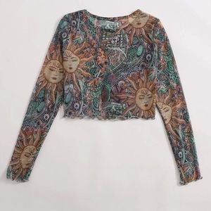 SHEIN All Over Print Sheer Mesh Lettuce Trim Crop Top